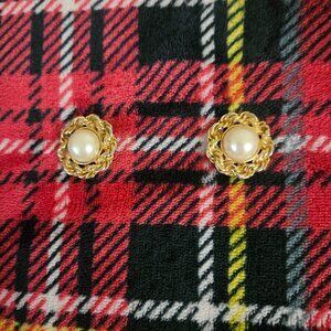 Gold ornate earrings with fake pearls